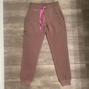 Figs Brown (Smokey Taupe) Joggers Scrubs Pants with Pink Drawstring